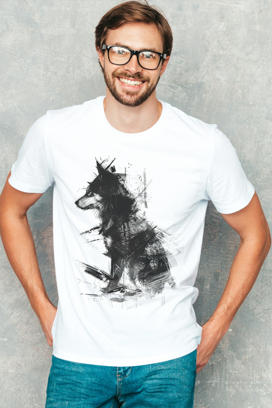 alpha hue Supima cotton t-shirt for men in white with a black abstract wolf graphic