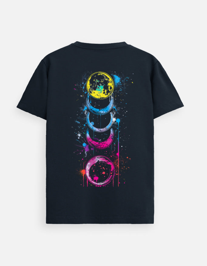 Alpha Hue men Supima cotton t-shirt with colorful moon phase graphic on back in black