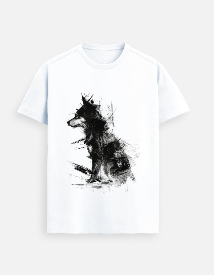 Alpha Hue men Supima cotton t-shirt for men in white with black artistic dog print