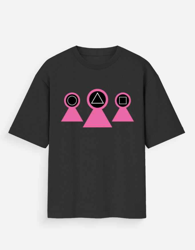 ALPHA HUE black women's oversized t-shirt with pink geometric shapes and circle, triangle, square design