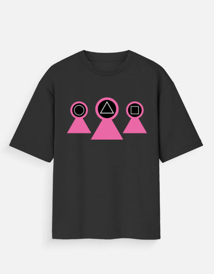 ALPHA HUE black women's oversized t-shirt with pink geometric shapes and circle, triangle, square design
