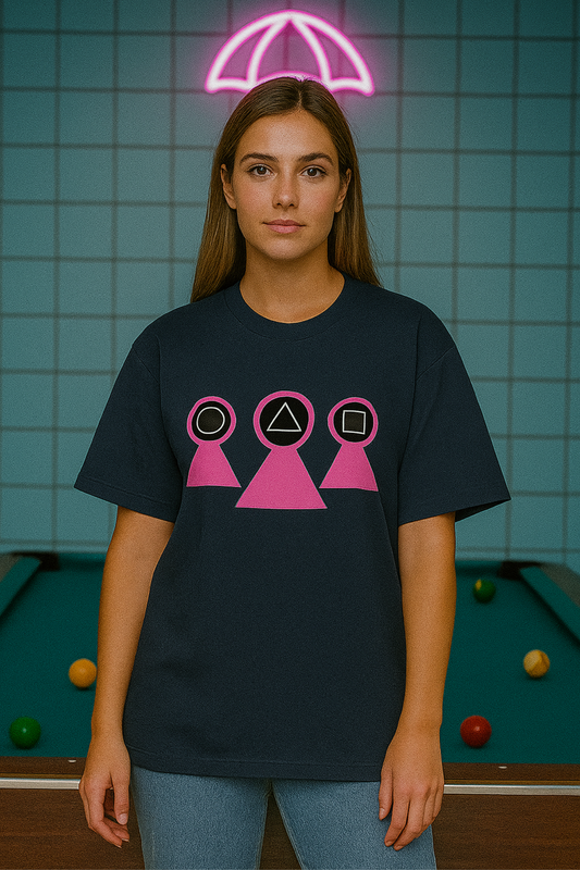 ALPHA HUE women's oversized t-shirt in black with pink geometric shapes worn by model indoors