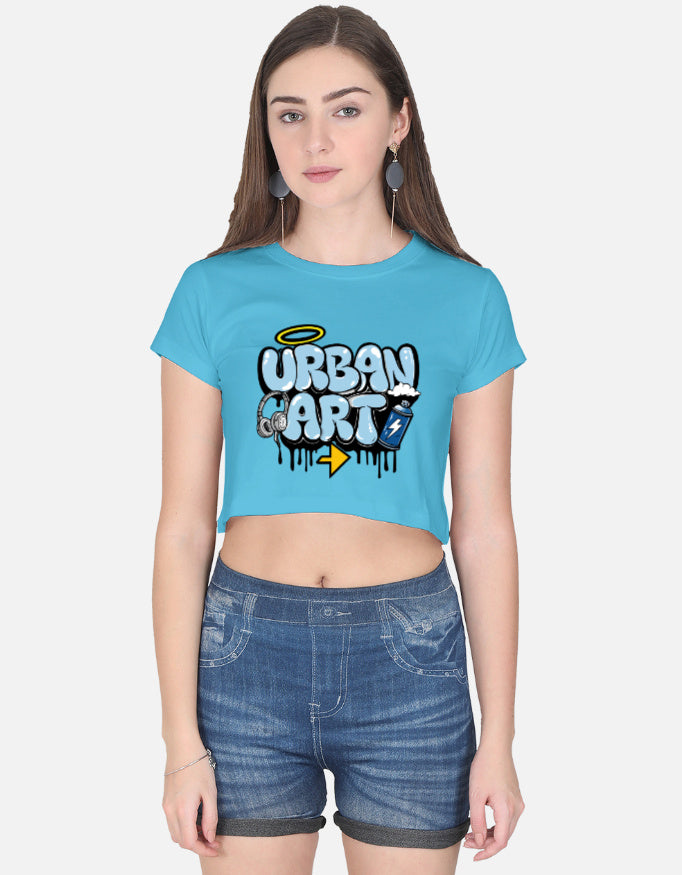 Alpha hue women casual crop top for girls in blue with urban art graphic print
