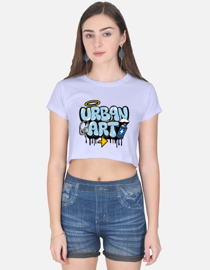 Alpha Hue casual crop top for girls in lavender with urban art graphic and short sleeves