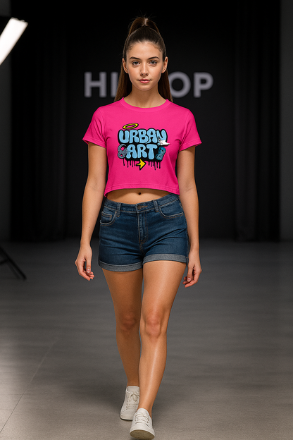Alpha Hue casual crop top for girls in pink with urban art graphic worn with denim shorts