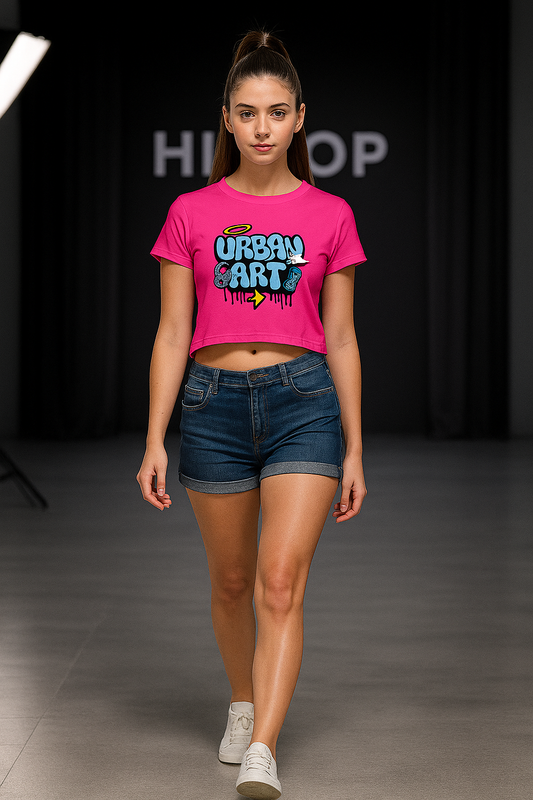 Alpha Hue casual crop top for girls in pink with urban art graphic worn with denim shorts