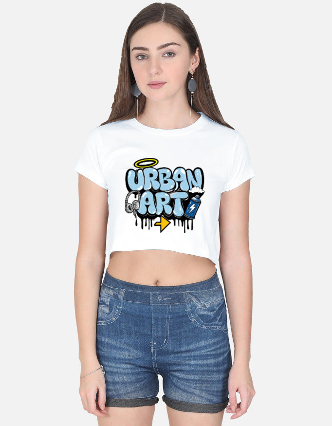 Alpha hue white casual crop top for girls with urban art graphic worn by model