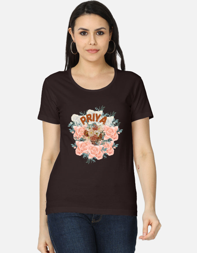 ALPHA HUE women's classic t-shirt in black with floral graphic and PRIYA text design