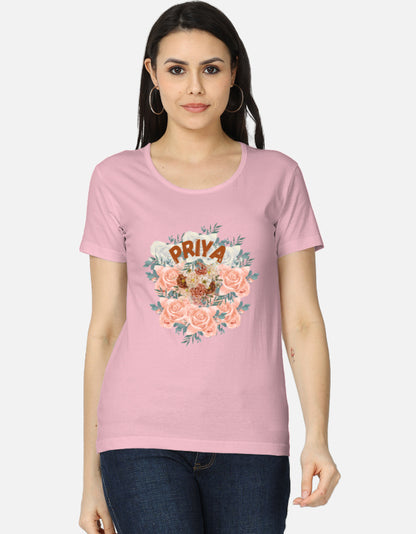 ALPHA HUE women's classic t-shirt in pink with floral graphic and PRIYA text on front