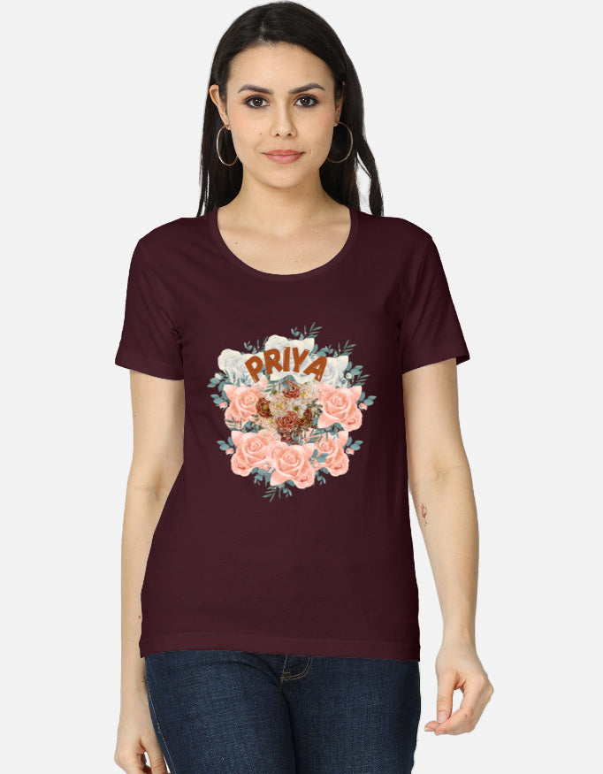 ALPHA HUE women's classic t-shirt in maroon with floral graphic and PRIYA text