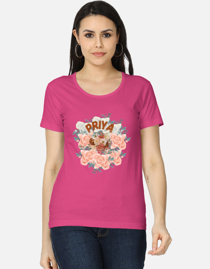 Alpha Hue women's classic t-shirt in pink with floral design and Priya text on front