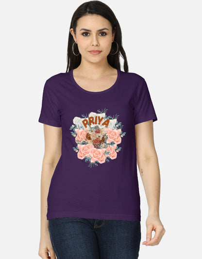 ALPHA HUE women's classic t-shirt in purple with floral Priya design and round neckline