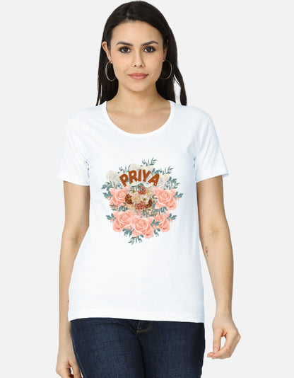 ALPHA HUE women's classic t-shirt in white with floral graphic and Priya text design
