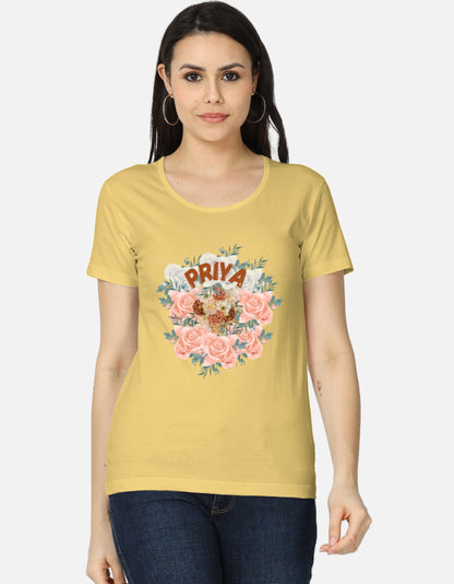 ALPHA HUE women's classic t-shirt in yellow with floral Priya graphic design