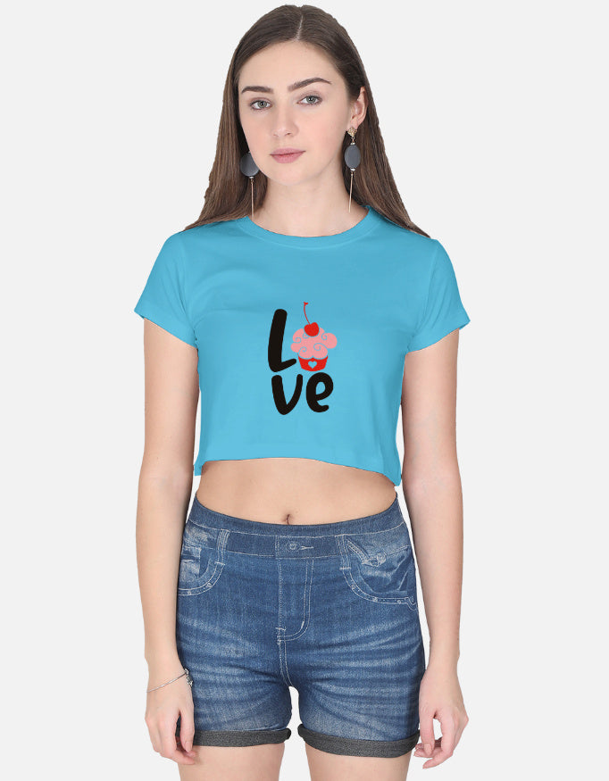 Alpha hue blue women's crop top with love cupcake graphic paired with denim shorts