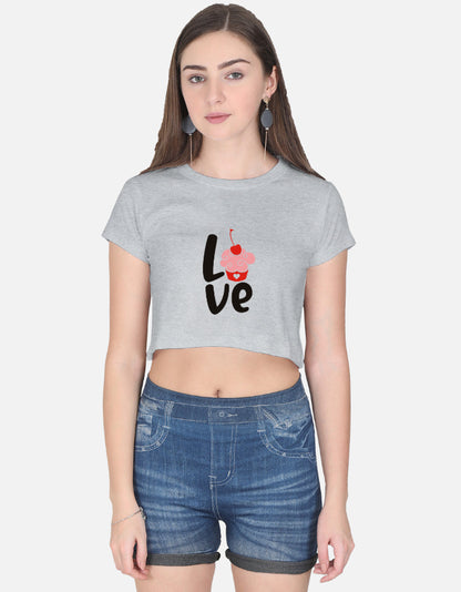 Alpha hue women's crop top in gray with love cupcake graphic and short sleeves