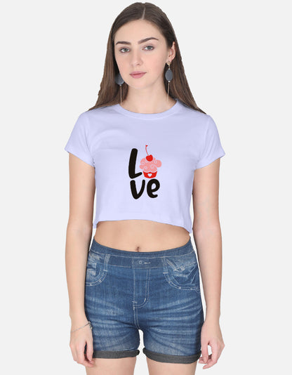Alpha Hue women's crop top in lavender with love cupcake graphic paired with denim shorts