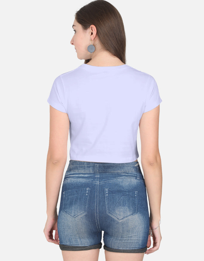 Alpha hue women's crop top in light lavender color styled with denim shorts from the back view