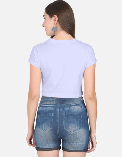 Alpha hue women's crop top in light lavender color styled with denim shorts from the back view