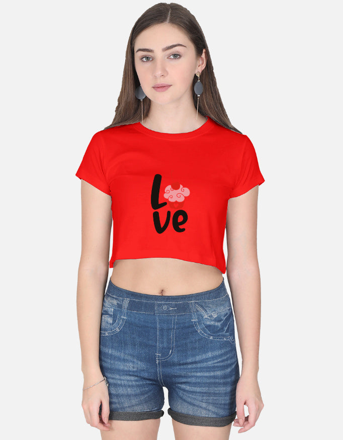 Alpha hue red women's crop top with love graphic paired with denim shorts