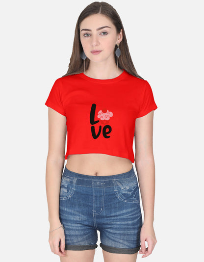 Alpha hue red women's crop top with love graphic paired with denim shorts