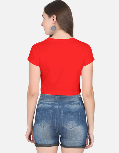 Alpha hue bright red women's crop top worn with denim shorts shown from the back