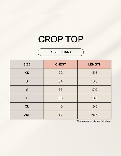 Size chart for alpha hue women's crop top showing chest and length measurements in inches