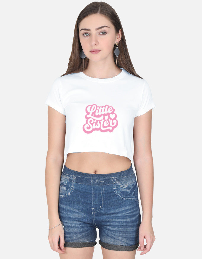 Alpha hue women's graphic crop top in white with pink Little Sister text design