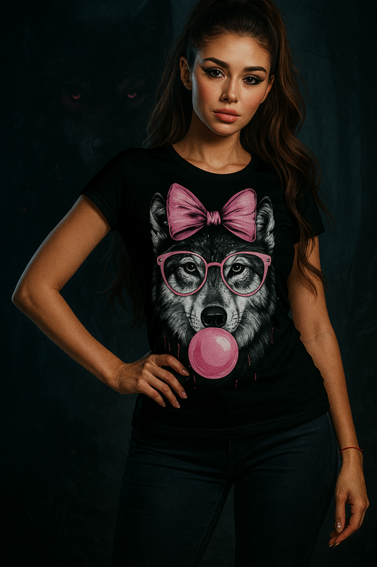 Alpha Hue women's graphic t-shirt with wolf wearing pink glasses and bow blowing bubblegum