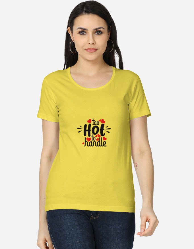 Alpha Hue women's classic yellow t-shirt with too hot to handle graphic casual t shirts for women online
