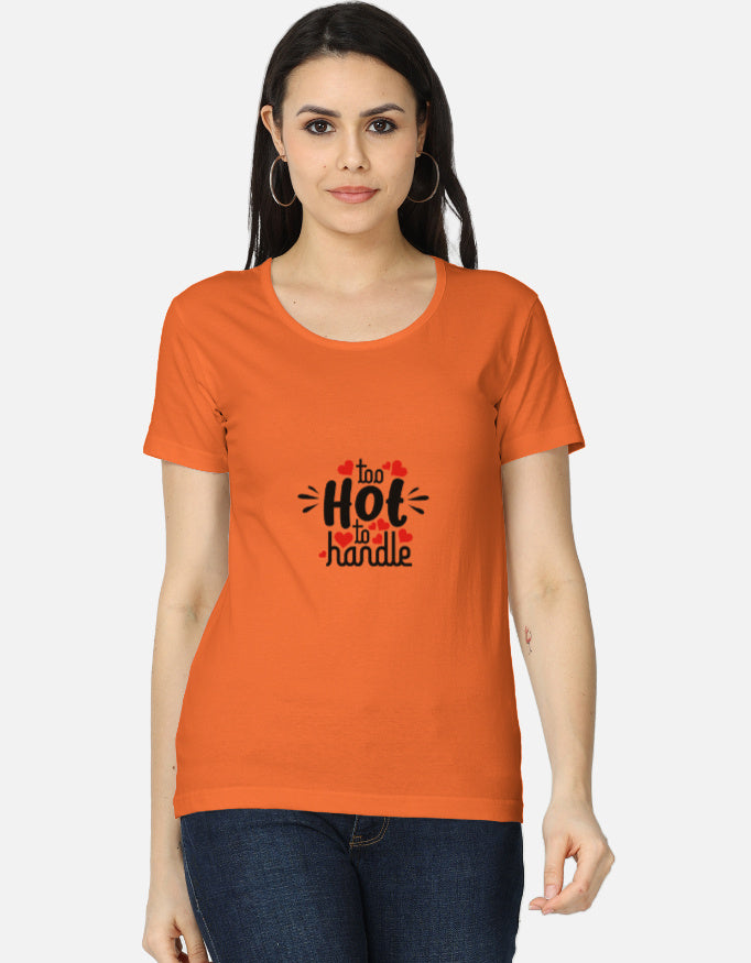 Alpha hue women's classic t-shirt in orange with too hot to handle print casual t shirts for women online