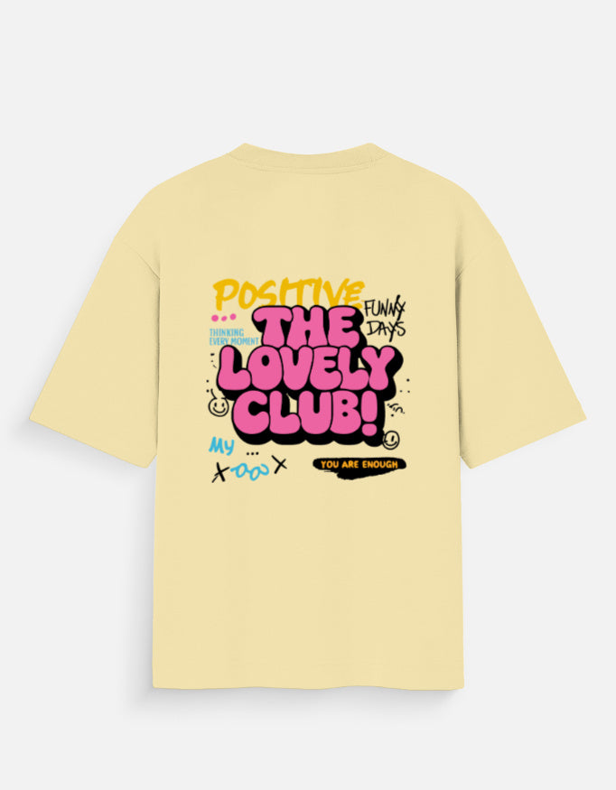 ALPHA HUE women oversized t-shirt in light yellow with colorful graphic text on the back