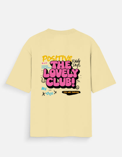 ALPHA HUE women oversized t-shirt in light yellow with colorful graphic text on the back
