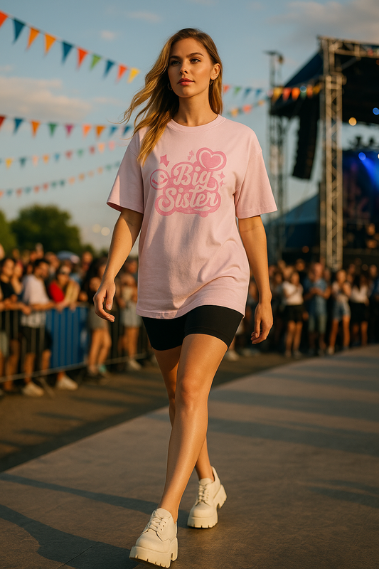 Women oversized t-shirt in light pink with Big Sister graphic worn by model walking outdoors