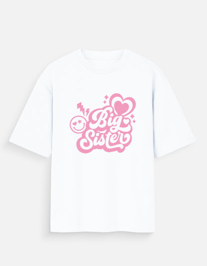 ALPHA HUE white women oversized t-shirt with pink Big Sister graphic print