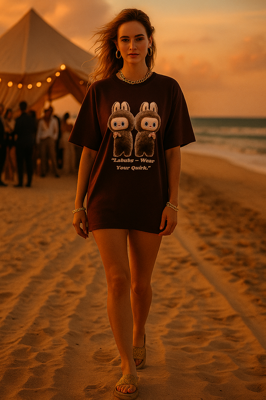 ALPHA HUE women oversized t-shirt with cute twin bunny graphic worn on beach at sunset