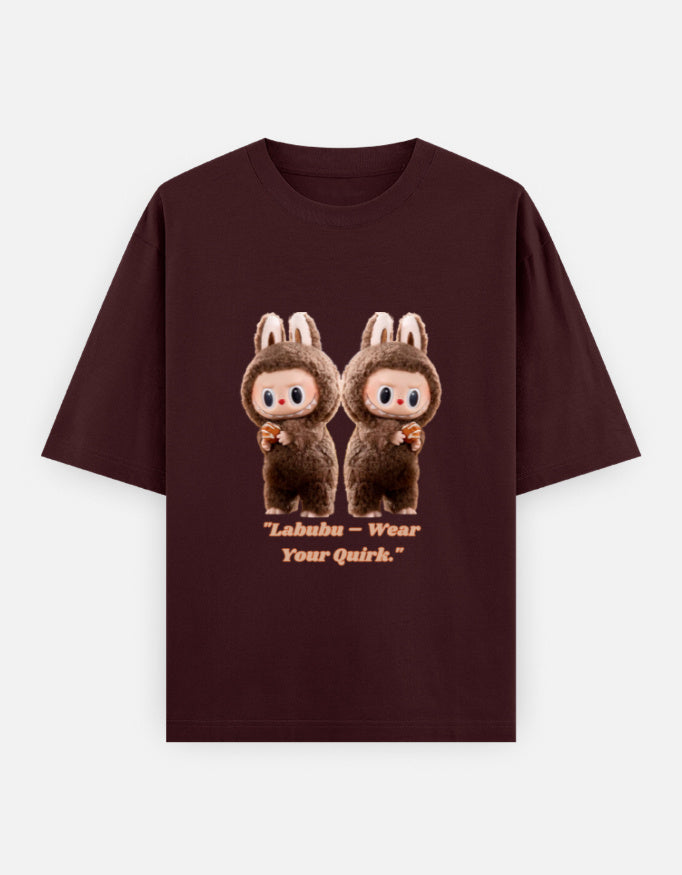 ALPHA HUE women oversized t-shirt in maroon with a cute Labubu character graphic on front