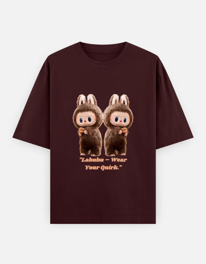 ALPHA HUE women oversized t-shirt in maroon with a cute Labubu character graphic on front