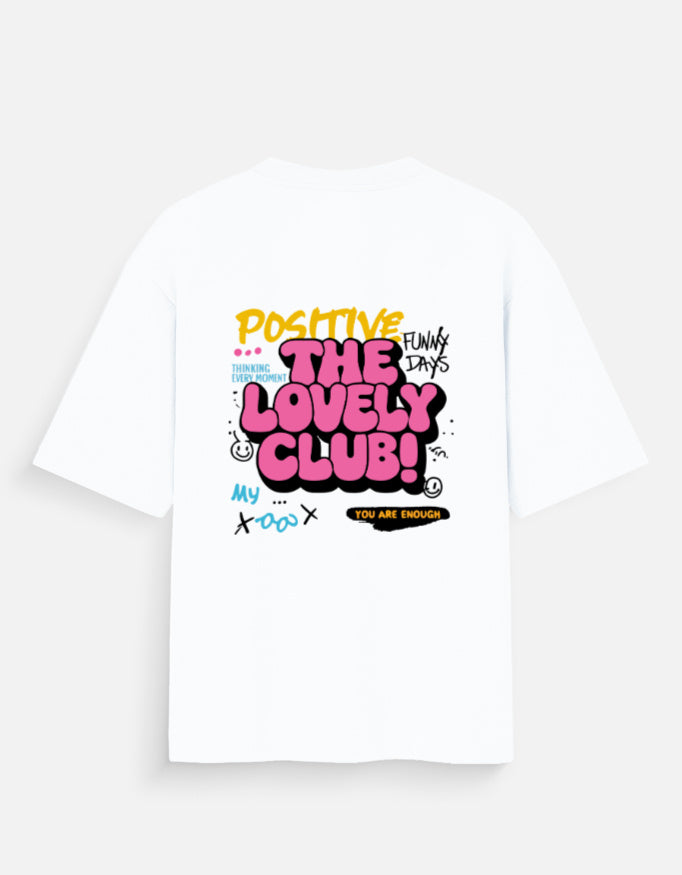 ALPHA HUE women oversized t-shirt in white with colorful graphic text on the back