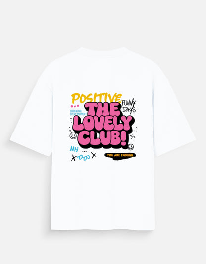 ALPHA HUE women oversized t-shirt in white with colorful graphic text on the back