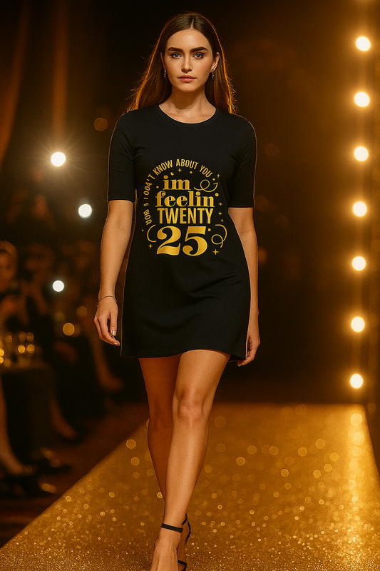 ALPHA HUE women's t-shirt dress in black with gold graphic text worn by model on runway