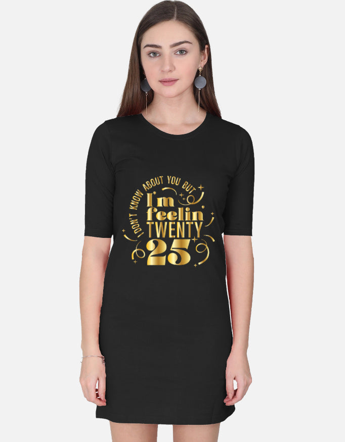 ALPHA HUE women's t-shirt dress in black with gold text design and half sleeves