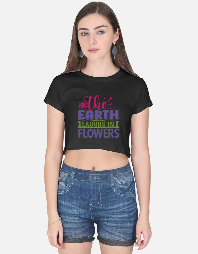Alpha Hue women's black crop top with colorful Earth laughs in flowers graphic print