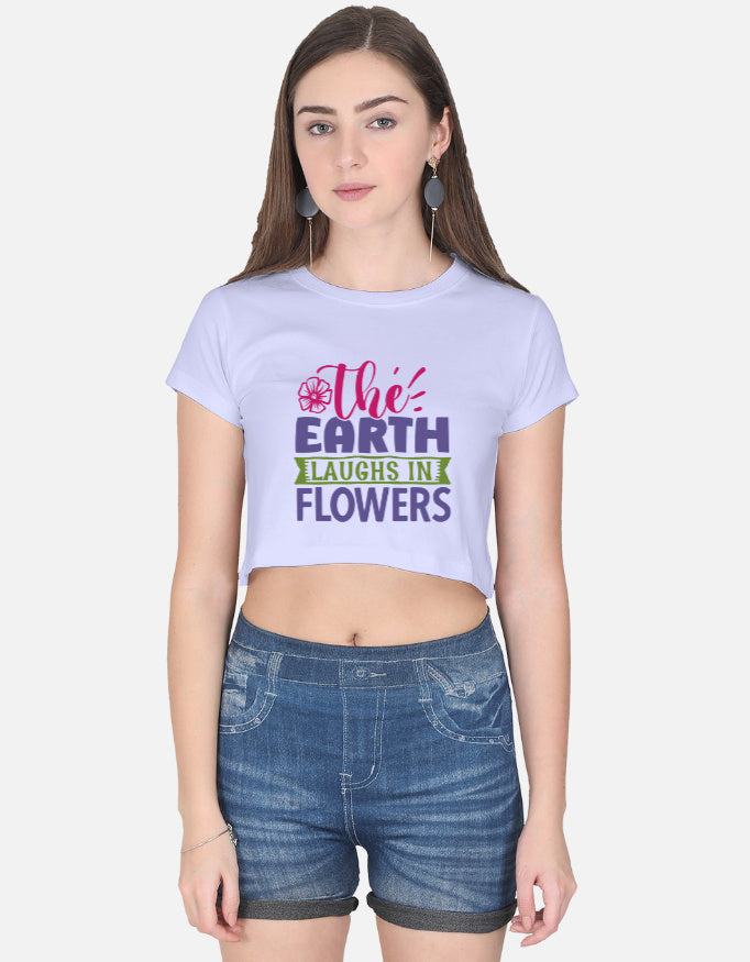 alpha hue women's black crop top featuring The Earth Laughs in Flowers graphic design