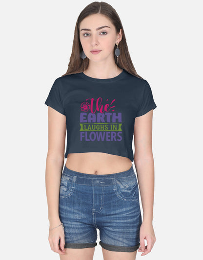 Alpha Hue women's black crop top with colorful Earth laughs in flowers graphic design