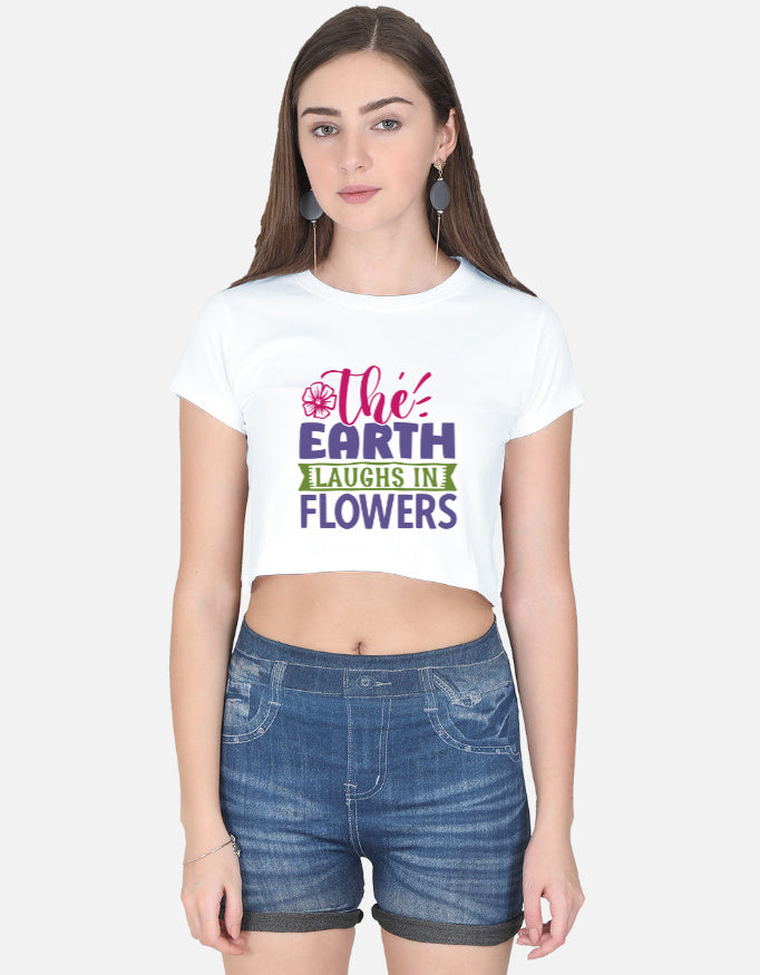 Alpha hue women's black crop top with The Earth Laughs In Flowers graphic in white fabric