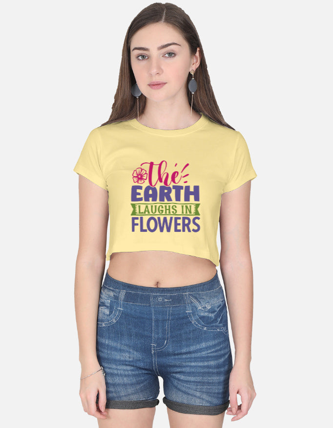 Alpha hue women’s black crop top with colorful text print styled with denim shorts