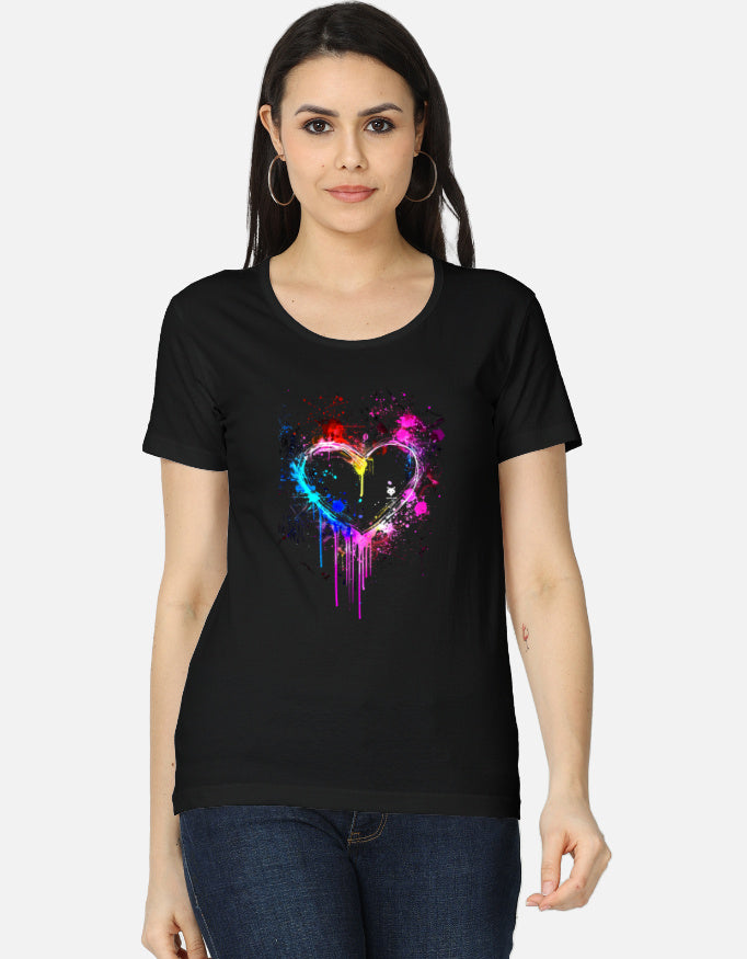 Alpha hue women's classic t-shirt in black with colorful heart graphic print