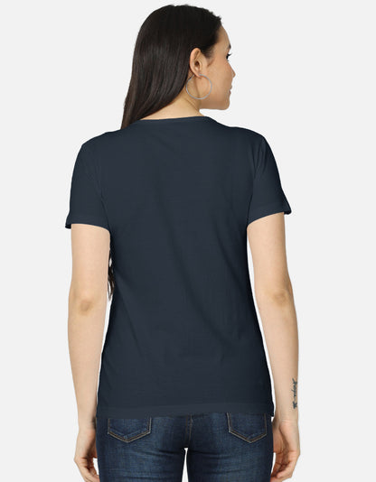 Alpha hue women's classic t-shirt in navy blue shown from the back on a model with long dark hair