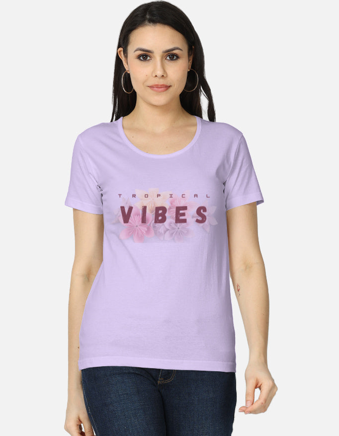 Alpha hue women's classic t-shirt in lavender with tropical vibes graphic and short sleeves
